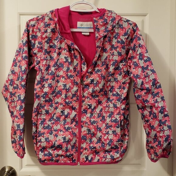 Columbia Girl's Pink Blue Grey Camo Print White Polka Dot Hooded Fleece Jacket L - Picture 1 of 12